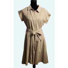 Chaps Women's Cream Seersucker Belted Shirt Dress Size 12 Short Sleeve