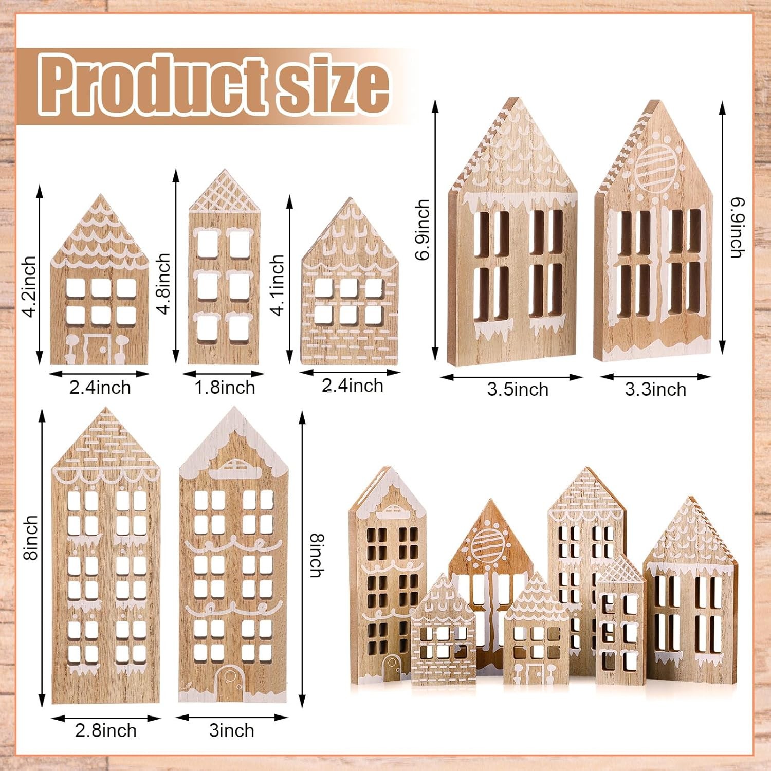 7 Pcs Wooden Christmas Houses Sets Gingerbread House Decor Xmas Village Set Wint