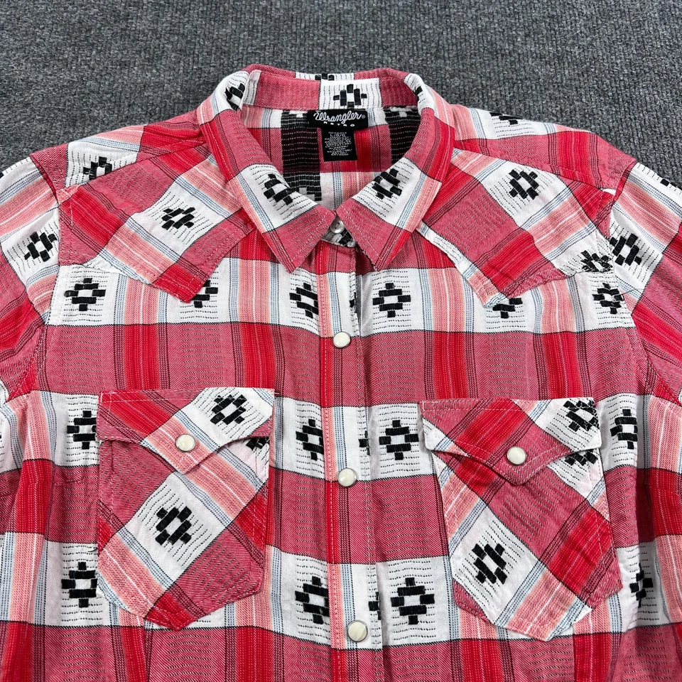 Camisa retro Wrangler para mujer grande roja a cuadros perla a presión azteca occidental manga larga Foto 4 de 4