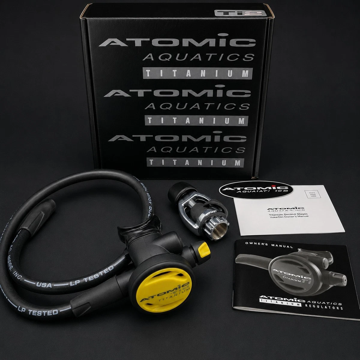 Atomic Aquatics Ti2 Titanium Octopus Regulator Yellow 36" Hose w/ Box Manual