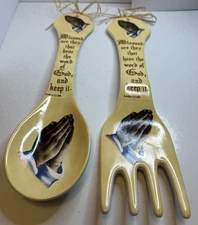 Vintage 17” Ceramic Fork & Spoon Kitchen Wall Decor Praying Hands Luke 11:28