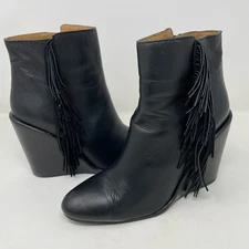 See by Chloe Leather Fringe Ankle Boot 40 / 9 Black Wedge Bootie Boho Luxe Chic