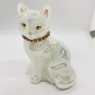 Vintage Fenton Iridescent Opalescent Cat Figurine Jeweled Collar Signed