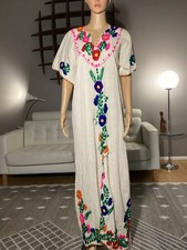 Vintage 60s Oaxaca Mexican Hand Embroidered Cotton Gauze Maxi Dress Hippie Boho