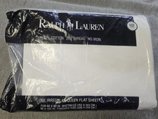 Ralph Lauren Queen Flat Sheet 100% Cotton 200 Thread No Iron Irregular White