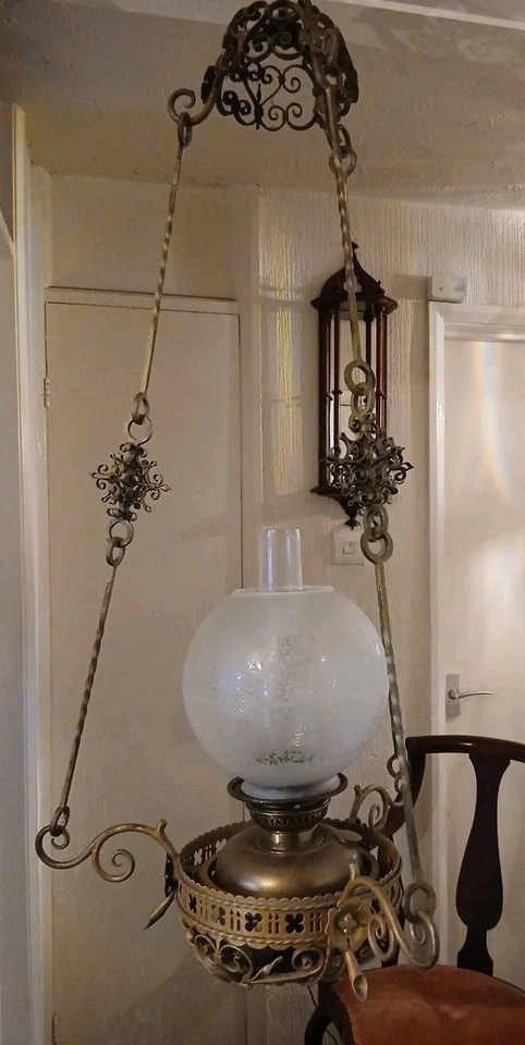 Large Antique Hanging Cast Iron Oil Lamp Chandelier Art Nouveau Victorian - Image 2 of 4