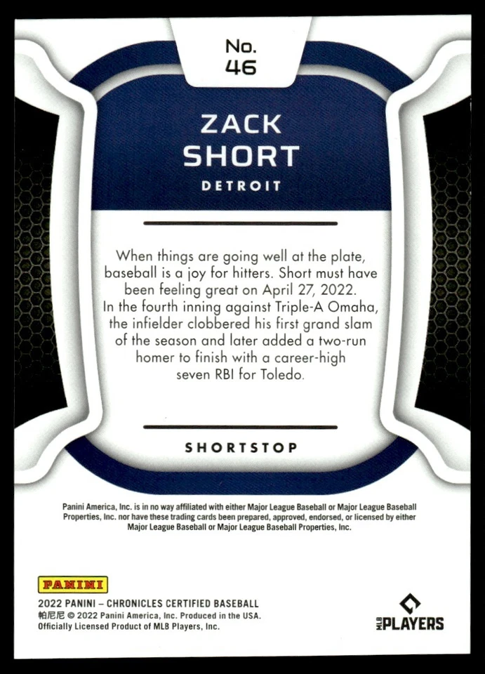 2022 Panini Chronicles Certified Zack Short Rookie /5 Detroit Tigers #46 - Image 2 of 2