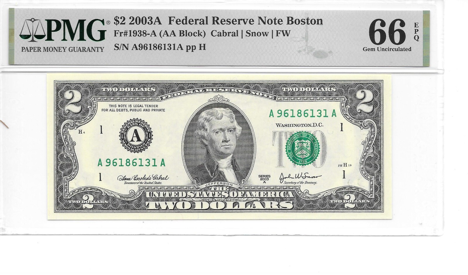 2003A Boston $2 FRN Sheet Note AA Block PMG 66 EPQ Gem Uncirculated | eBay