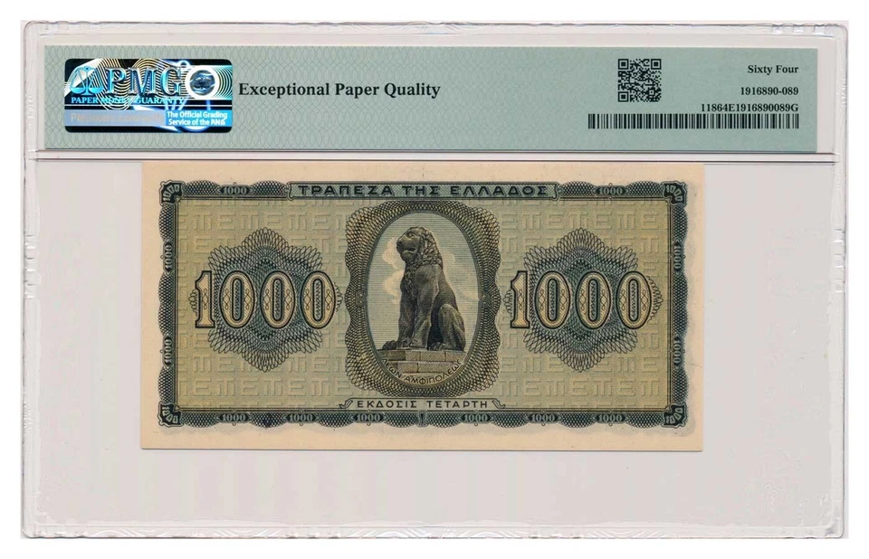 GREECE banknote 1000 Drachmai 1942 PMG MS 64 EPQ Choice Uncirculated - Image 2 of 2
