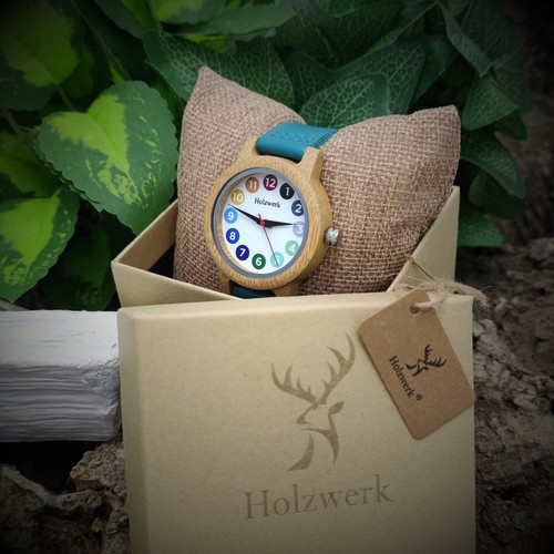 Madera RAINBOW BLUE colorido reloj de cuero y madera para mujer en blanco, azul turquesa - Imagen 7 de 7