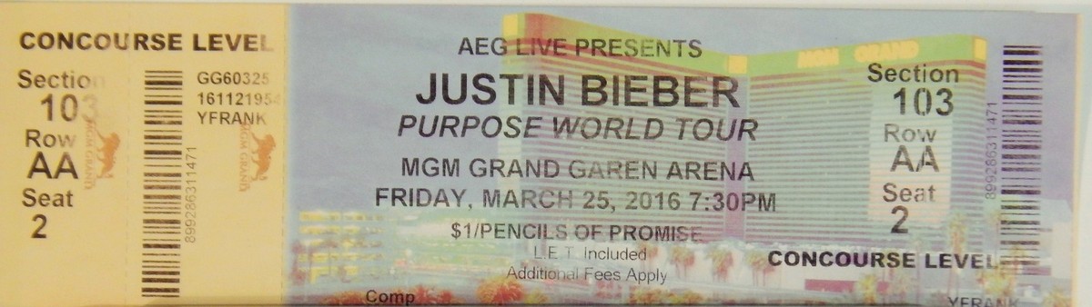 JUSTIN BIEBER PURPOSE WORLD ORIG CONCERT USED TICKET, MGM