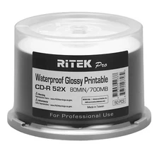 200 Ritek Pro CD-R 52X 700MB Water Resistant Glossy White Inkjet Printable Disc