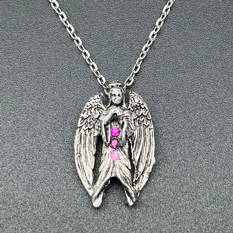 Collar de cadena de plata con pedrería de cristal rosa colgante de ángel gótico vintage Foto 2 de 4