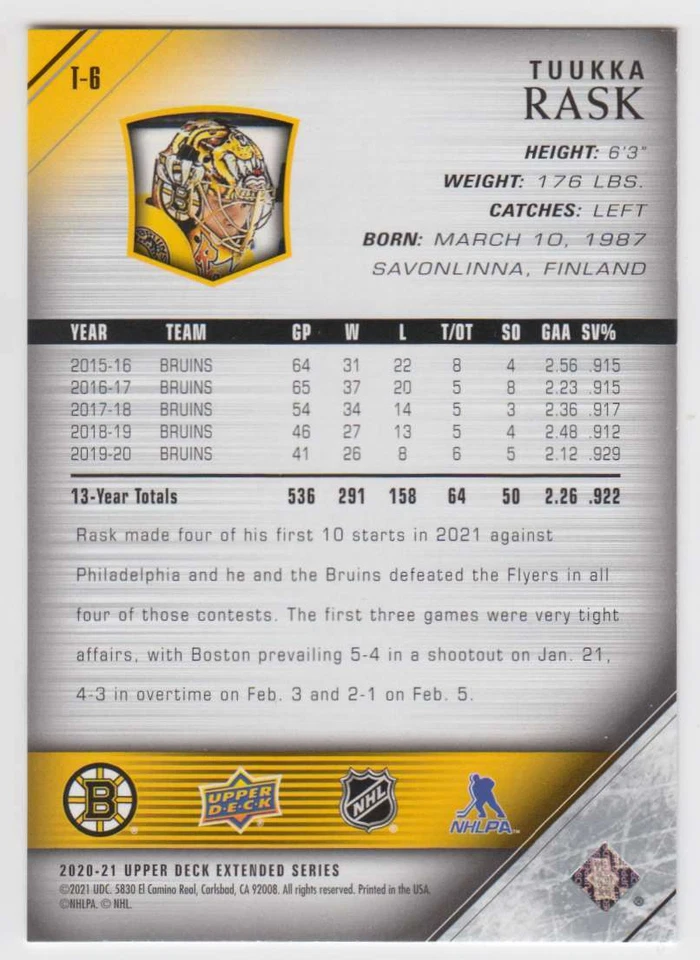 2020-21 UD Extended Series 05-06 Retro Tribute Tuukka Rask Boston Bruins #T-6 - Image 2 of 2