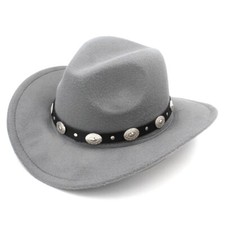 Gray Western Cowboy, Cowgirl Hat, Black Silver Strap, Men Women, Wide Brim