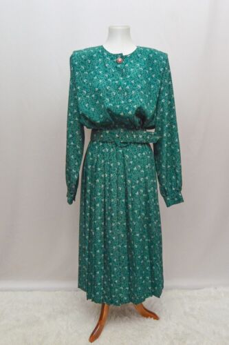 Vintage Leslie Fay womens dress green midi M 80s