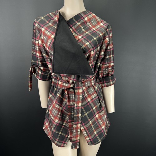 Boohoo Red Tartan Waterfall Jacket Size Medium Tie Waist Turn Up Sleeve Autumn - Picture 5 of 12