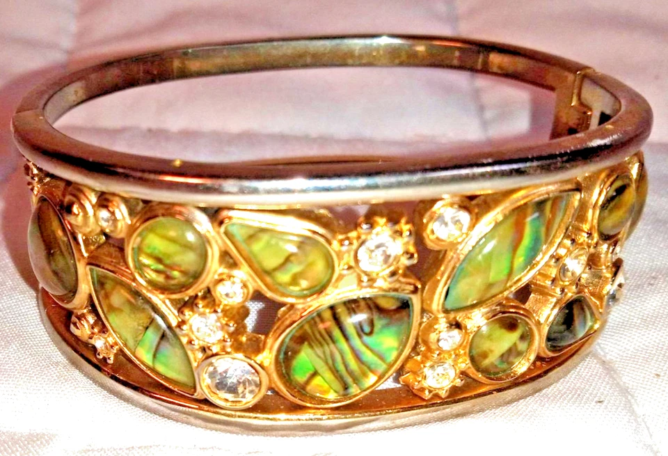 Brazalete brazalete brazalete con bisagras tono dorado y plateado concha de abulón pedrería Foto 3 de 4