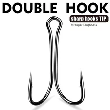 50pcs Barbed Double Hook Black High Carbon Steel Fly Fishing Lure Hook 8#-4/0#