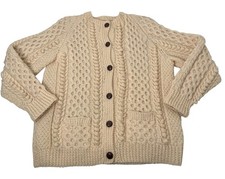 Hand Knit Irish Aran Wool Cardigan Sweater M Chunky Cable Fisherman Cottagecore