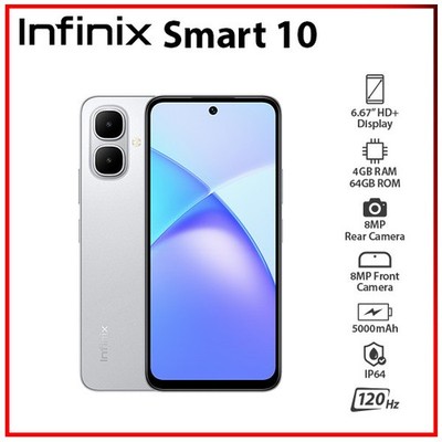 (New) Infinix Smart 10 4GB+64GB SILVER Dual SIM Unlocked Android Cell Phone