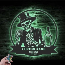 Custom Bar Pub Name Neon Sign Personalized Skeleton Cigar Metal Art 14x14in