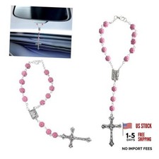 2PCS Pink Rosary Pendant Car Interior Rear View Mirror Charm Auto Decors, Rose