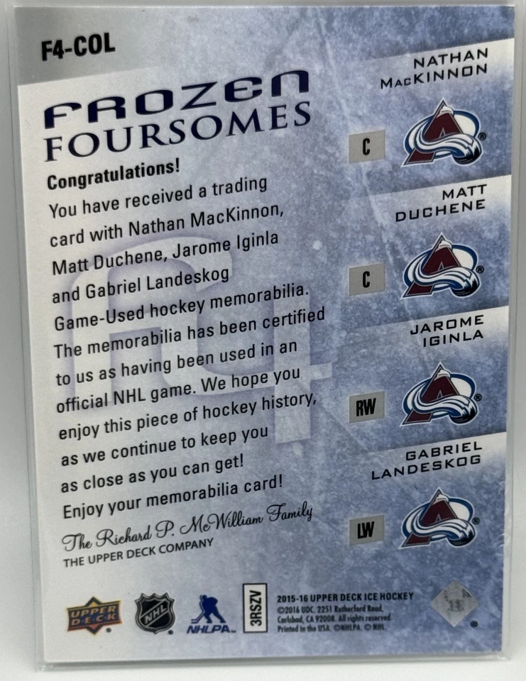 2015 16 UD Ice Frozen Foursome Jrsy MacKinnon Landeskog Iginla Duchene Avalanche - Image 2 of 2