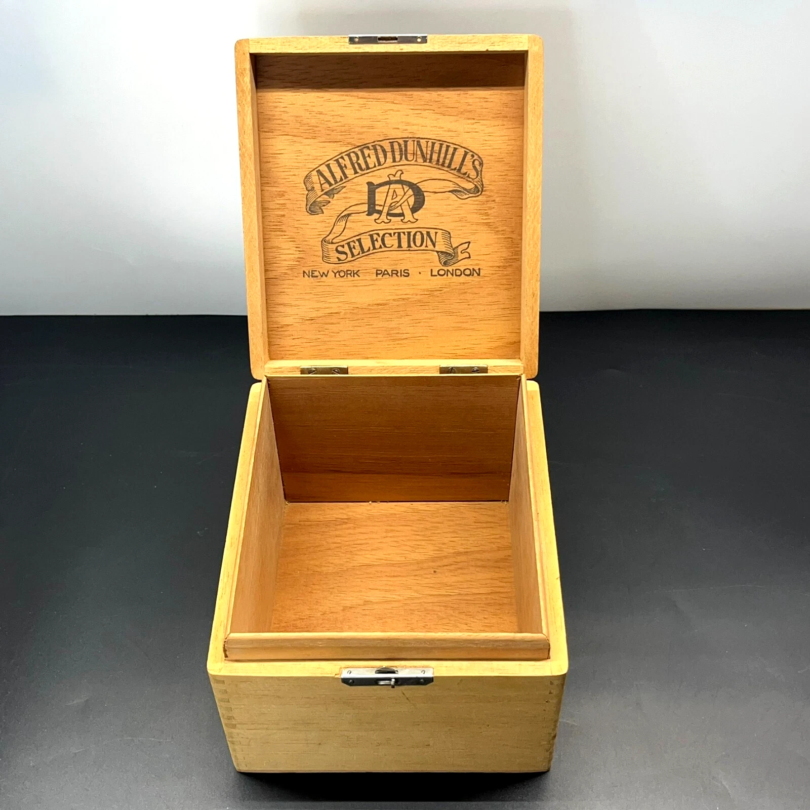 Vintage Alfred Dunhill's Selection Cigar Box Square Wooden Dovetail Hinged Lid
