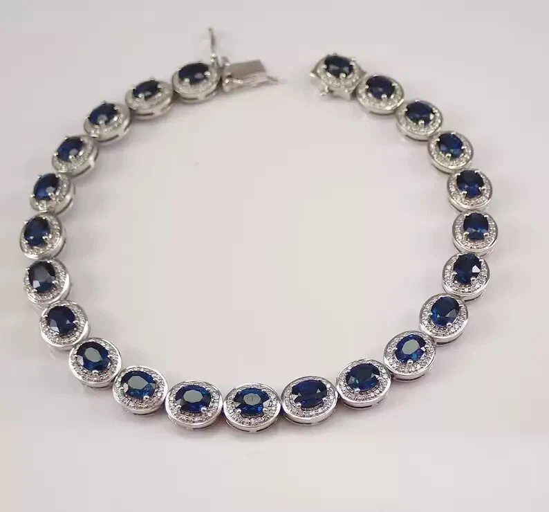 9Ct Oval Cut Lab Created Sapphire Halo Tennis Bracelet 14K White Gold Plated 7" - Image 4 of 4