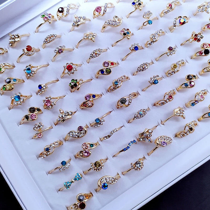 Lote de 5-50 piezas al por mayor de anillos mixtos de cristal colorido banda para dedos anillo joyería Foto 3 de 4