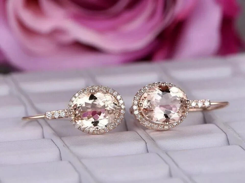 4.00 Ct Oval Cut Morganite Lab-Created Dangle-Drop Earrings 14K Rose Gold Plated - Image 3 of 4
