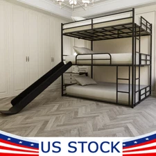 Black Bed Frame - Metal Full Size Loft Bed with Slide and Ladder