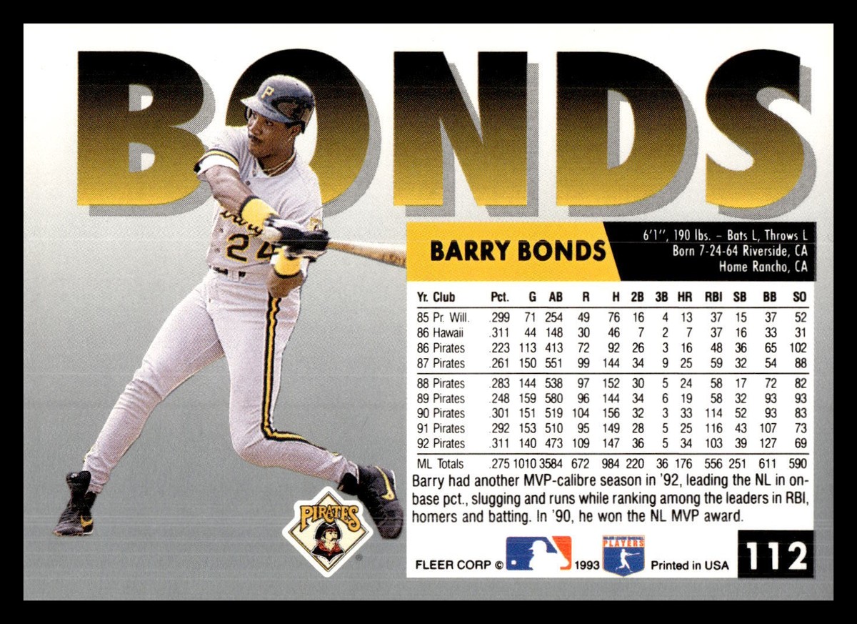 1993 Fleer #112 Barry Bonds Pittsburgh Pirates Baseball Card