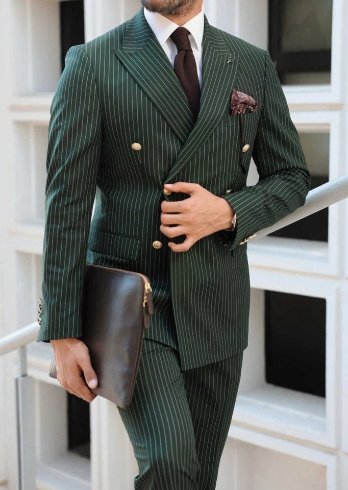 Men's Dark Green British Striped Suit Single Breasted Notch Lapel Suits 3pcs Set - Image 4 of 4