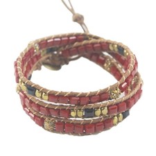 Leather Cord and Red Crystal Bead Triple Wrap Bracelet 