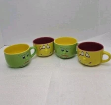 (4) Dolce Vita Home Collection "3-D" Mugs Cups Yellow Smiling Face & Green Angry