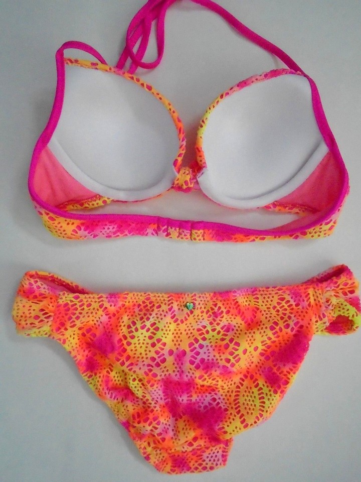 Bikini Victoria's Secret Pink - Push Up, Détails Crochet, Motif Tie Dye Néon - Taille S
