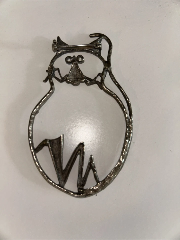 复古胸针胖猫银色,锡,抽象现代主义金属别针野兽派 4 英寸 — 第 3/4 张图片