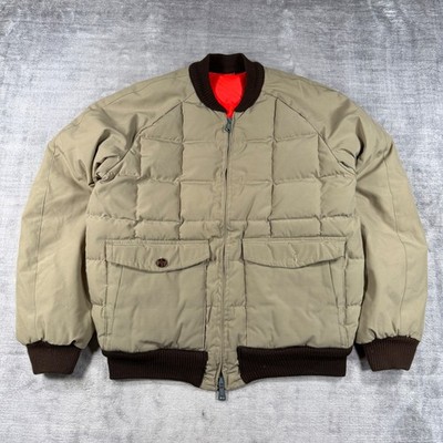 Vintage Quilted Puffer Jacket Mens XL Tan Orange Down Filled Bomber Reversible