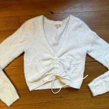 Lottie Moss white fuzzy long sleeve adjustable front sweater SIZE S