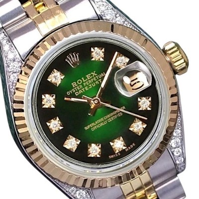 Rolex Datejust TwoTone Gold Steel Green Vignette Dial Real Diamonds Fluted Watch