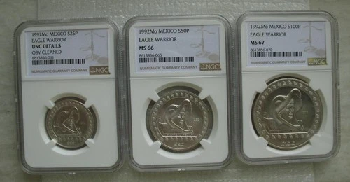 Mexico 25-100 Pesos 1992 Silver Coin Eagle Warrior 1/4OZ-1/2OZ-1OZ NGC UNC-MS67