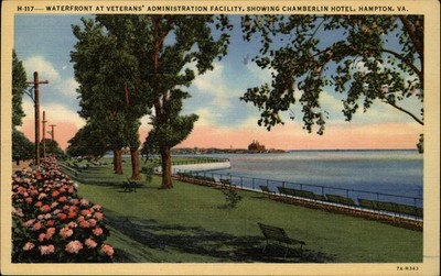 Hampton Virginia ~ waterfront at Veteran's Admin facility  linen postcard sku243