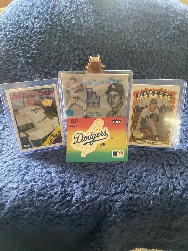 Don Sutton Game Used Jersey Card + Dodgers Vintage Lasorda Topps HOF lot