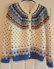 Vtg Fair Isle womens Lands End Cardigan knit Sweater Nordic Sz L Cotton Blend