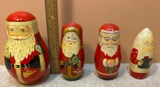 4 Vintage Hand Painted Wooden Russian Santa Nesting Dolls Mrs. Santa Christmas
