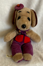 New 1980's Japan Dog In Purple Overalls Red Pockets Stuffed Animal Plush READ