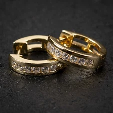 Iced One Row Small Gold Plated Sterling Silver Huggie Hoop Earrings For Men