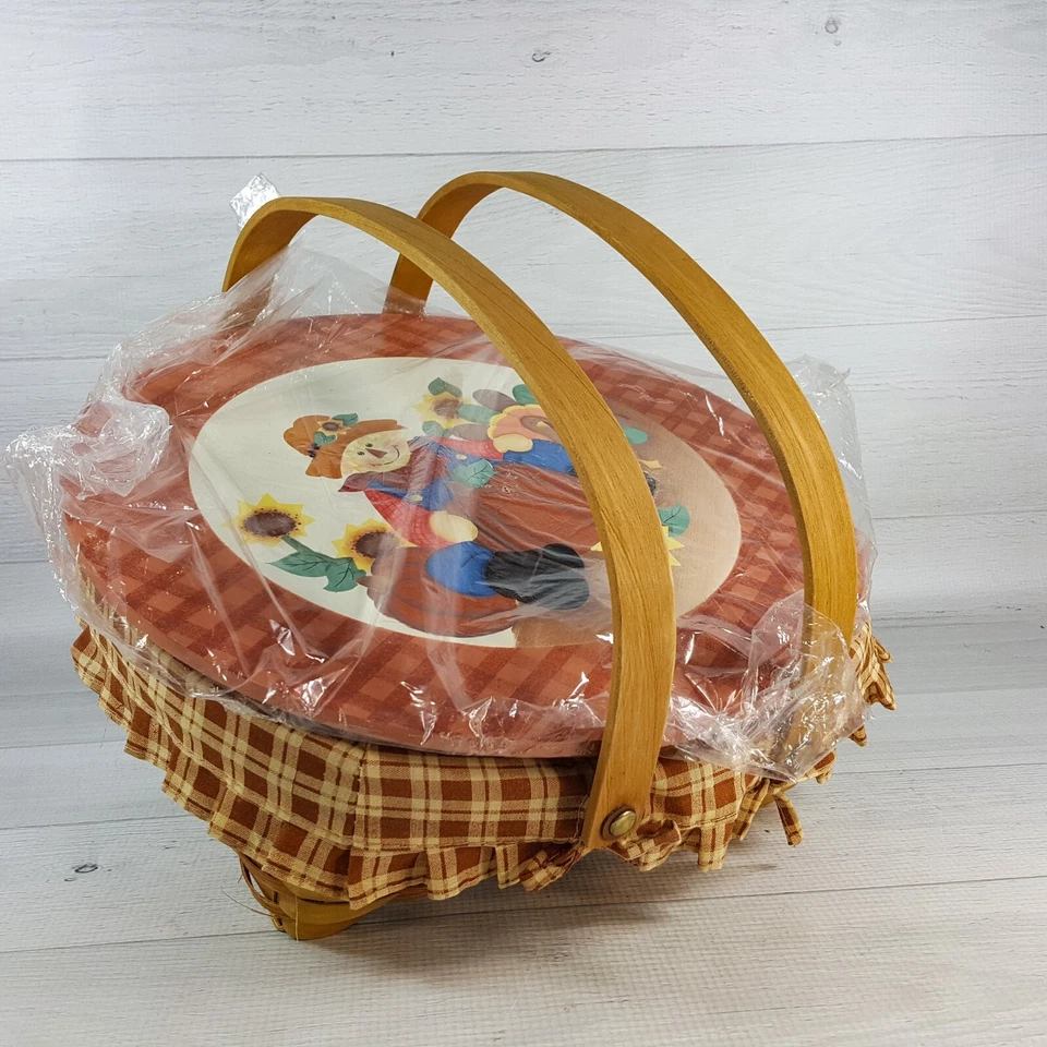 Fall Pumpkin Thanksgiving Harvest 12" Round Wicker Basket Wood Lid & Plain Liner - Image 3 of 4